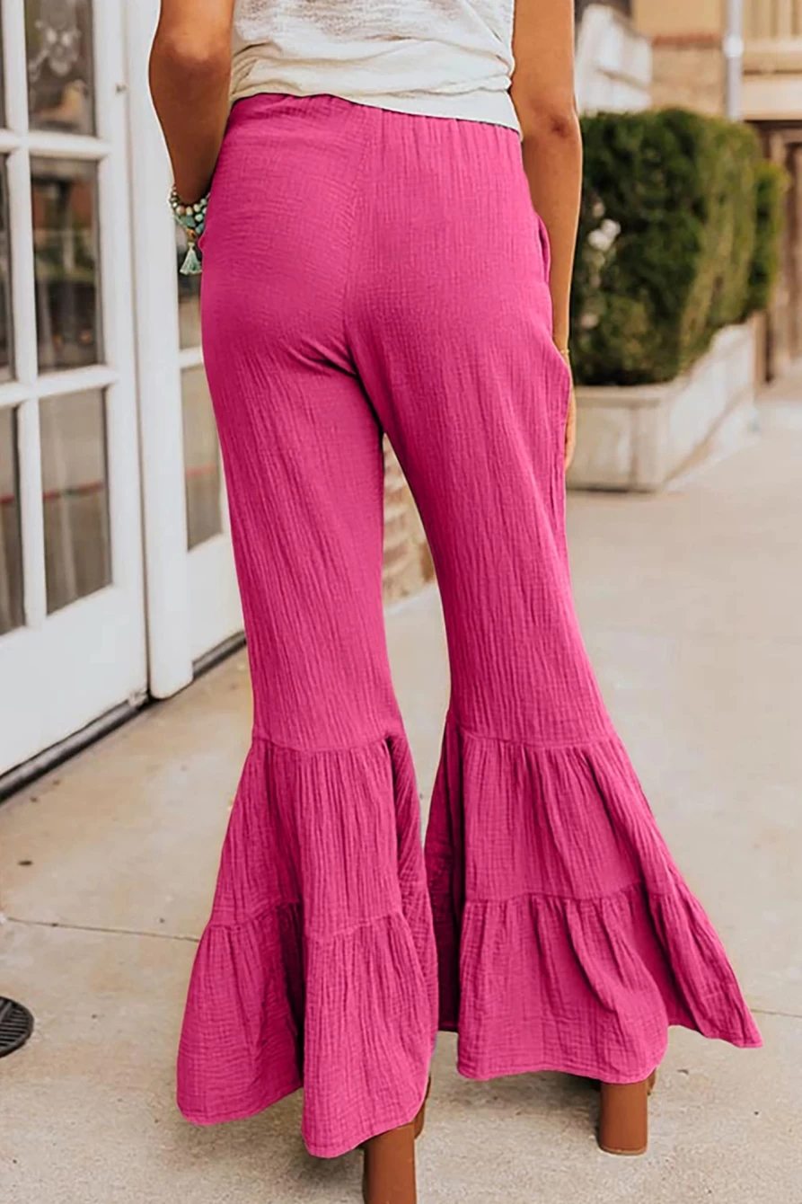 Shewin Women's Rose High Waist Flared Pants with Elegant Ruffle Detail