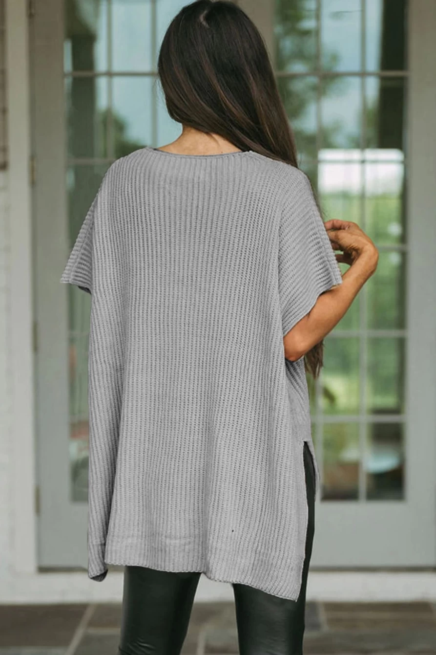 Women's Gray Oversized Knit Sweater with Side Slit - Shewin Short Sleeve Top