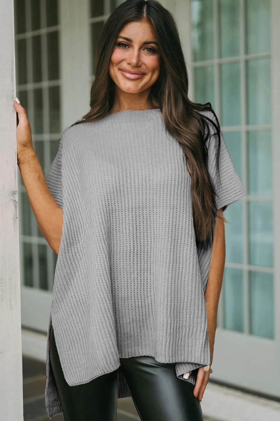 Women's Gray Oversized Knit Sweater with Side Slit - Shewin Short Sleeve Top