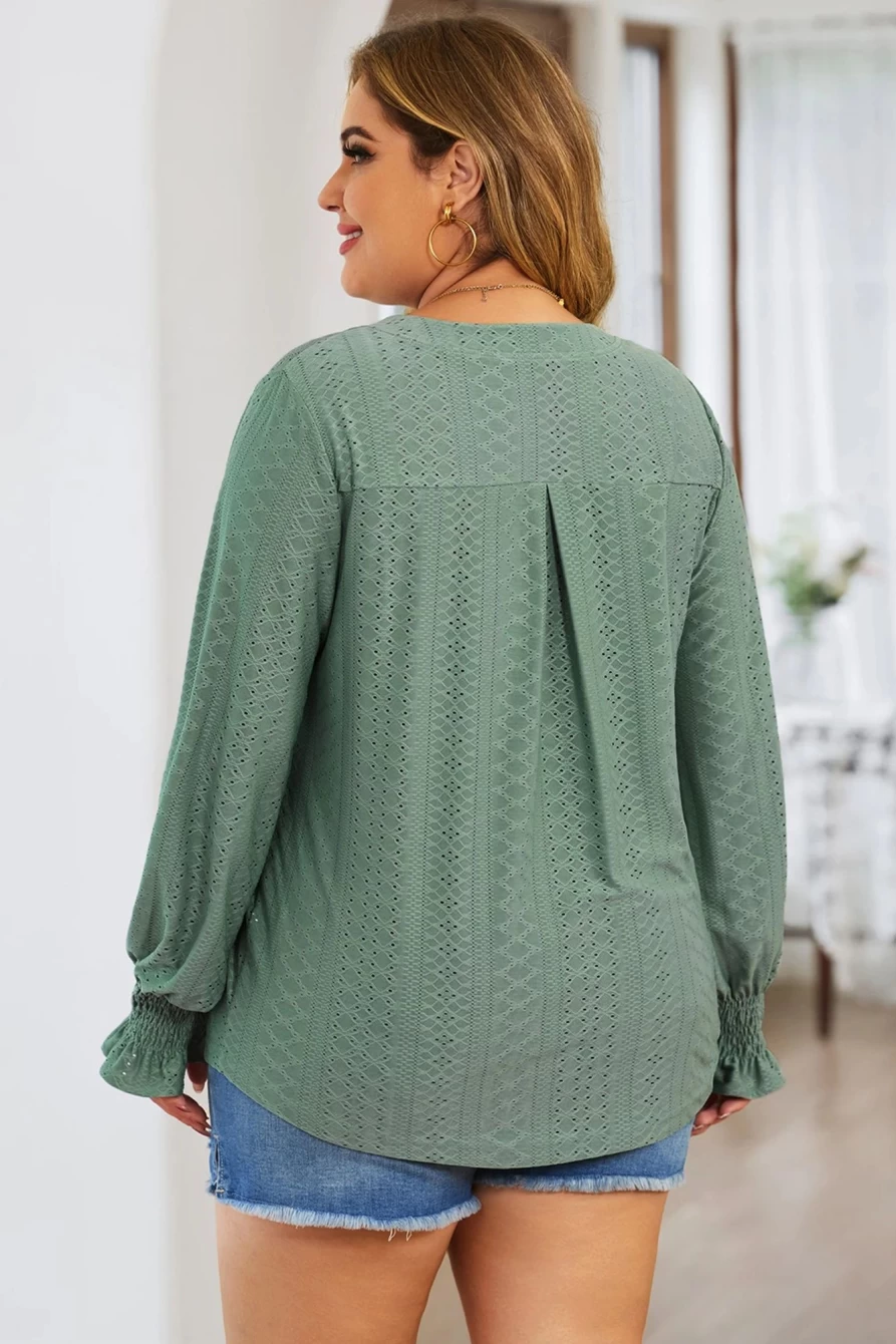 Shewin Women's Green Eyelet Jacquard Blouse with Split Neck & Flounce Sleeves Plus Size Top
