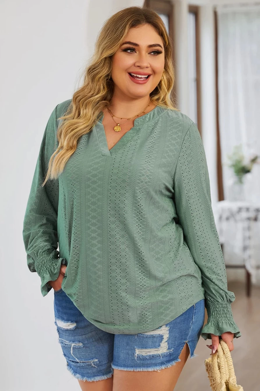 Shewin Women's Green Eyelet Jacquard Blouse with Split Neck & Flounce Sleeves Plus Size Top