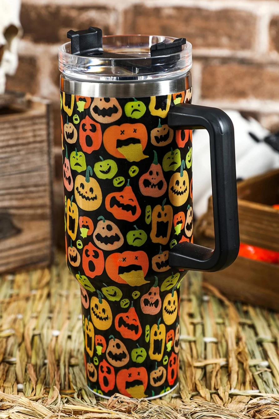 Shewin 40Oz Stainless Steel Thermos Cup - Black Halloween Pumpkin Design for Women, Insulated Travel Mug