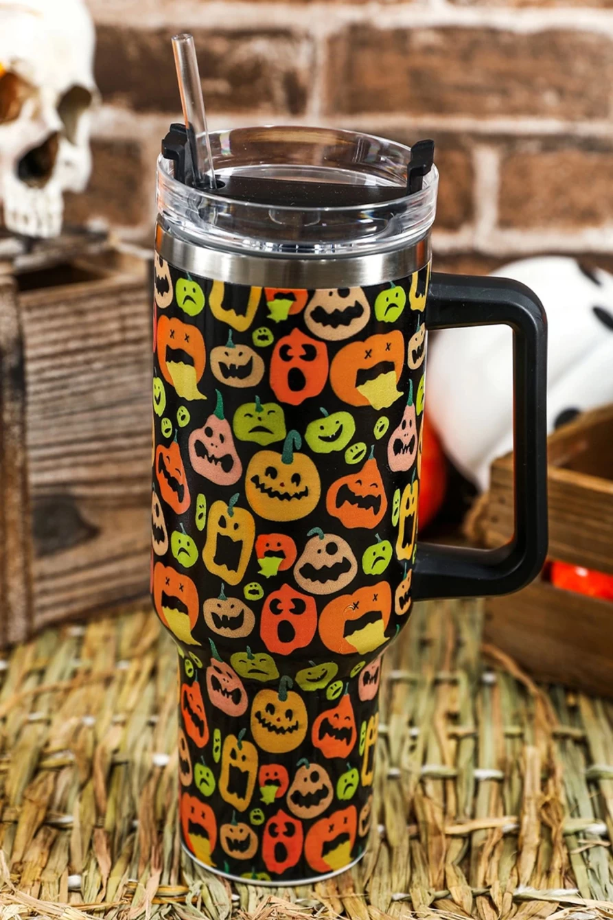 Shewin 40Oz Stainless Steel Thermos Cup - Black Halloween Pumpkin Design for Women, Insulated Travel Mug