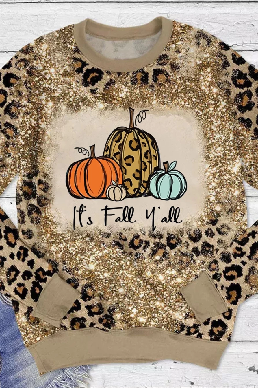 Women's Leopard Print Fall Pumpkin Sweatshirt - Shewin Cozy Graphic Pullover