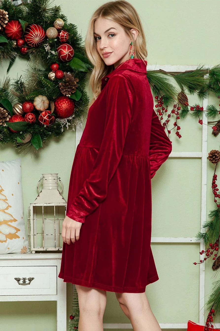 Shewin Women's Red Velvet Ruffle Long Sleeve Button Up Shirt Dress
