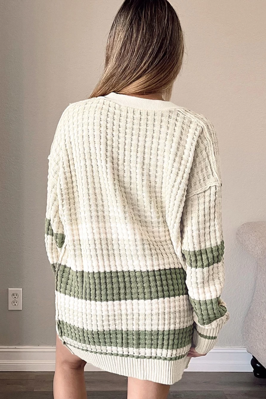 Shewin Women's Plus Size White Color Block Cable Knit Buttoned Cardigan Sweater