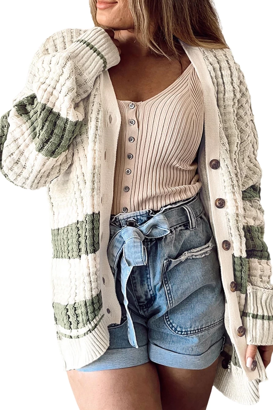 Shewin Women's Plus Size White Color Block Cable Knit Buttoned Cardigan Sweater