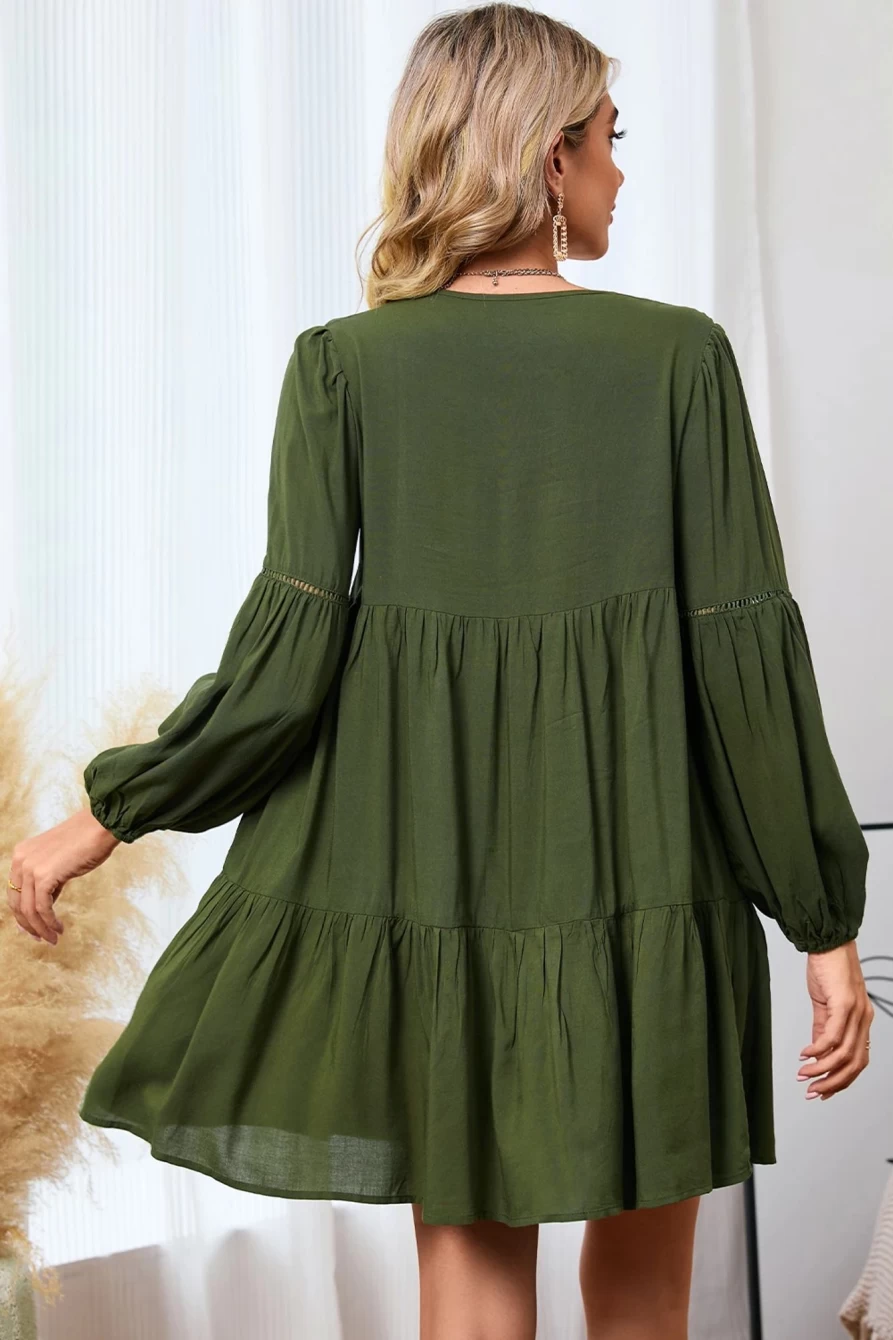 Shewin Women's Green Bishop Sleeve Tie Front Tiered Pleated Mini Dress
