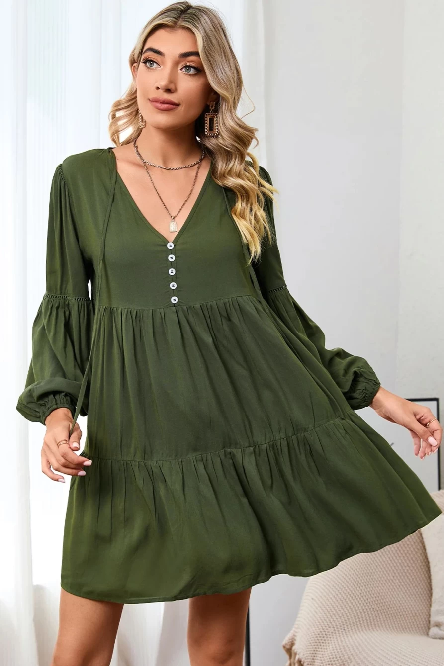 Shewin Women's Green Bishop Sleeve Tie Front Tiered Pleated Mini Dress