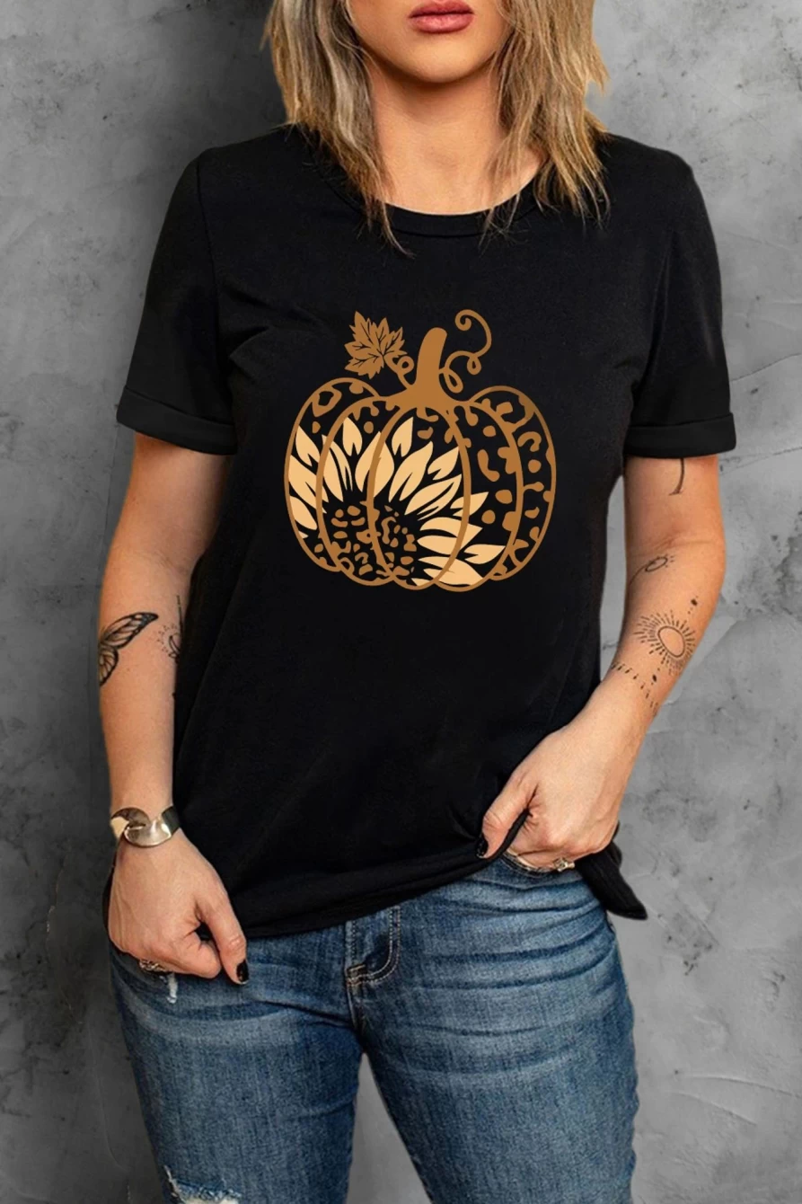 Shewin Women's Black Halloween Sunflower Pumpkin Graphic T-Shirt