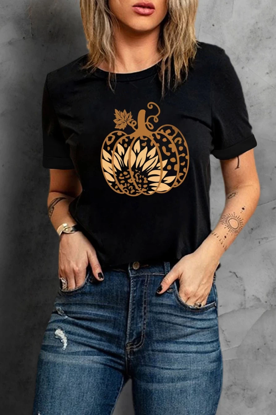 Shewin Women's Black Halloween Sunflower Pumpkin Graphic T-Shirt