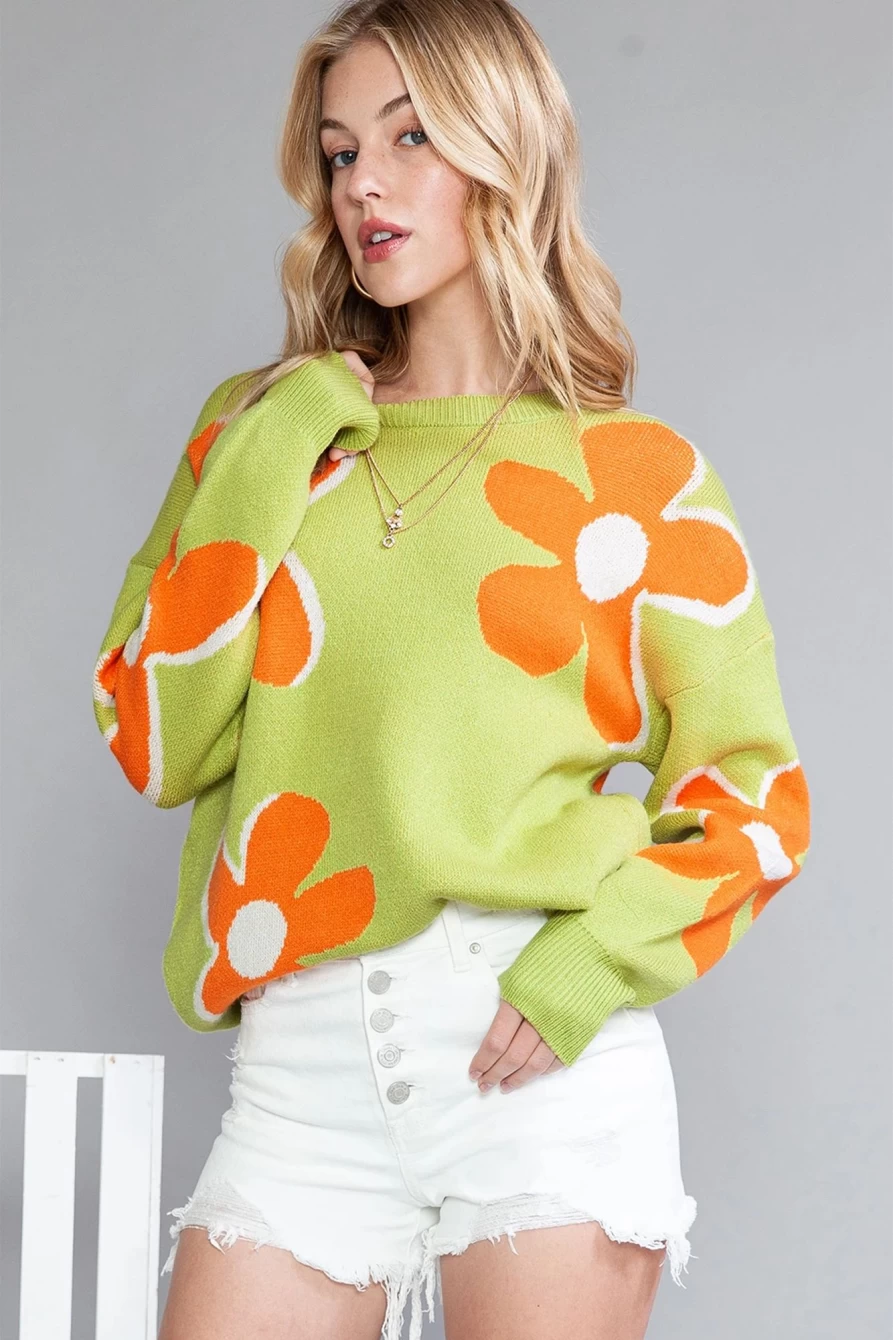Shewin Women's Cypress Green Floral Ribbed Contrast Sweater
