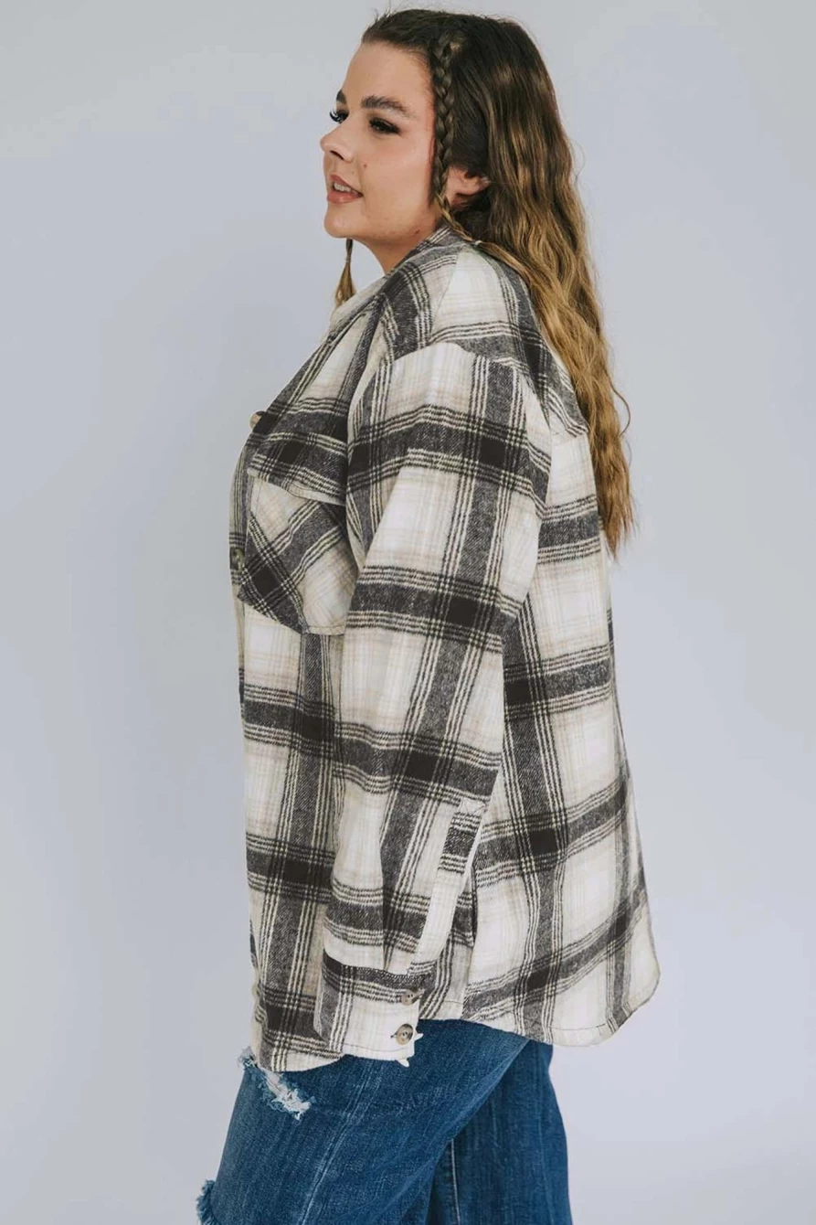 Shewin Women's Plus Size Black Brushed Plaid Shacket with Flap Pockets