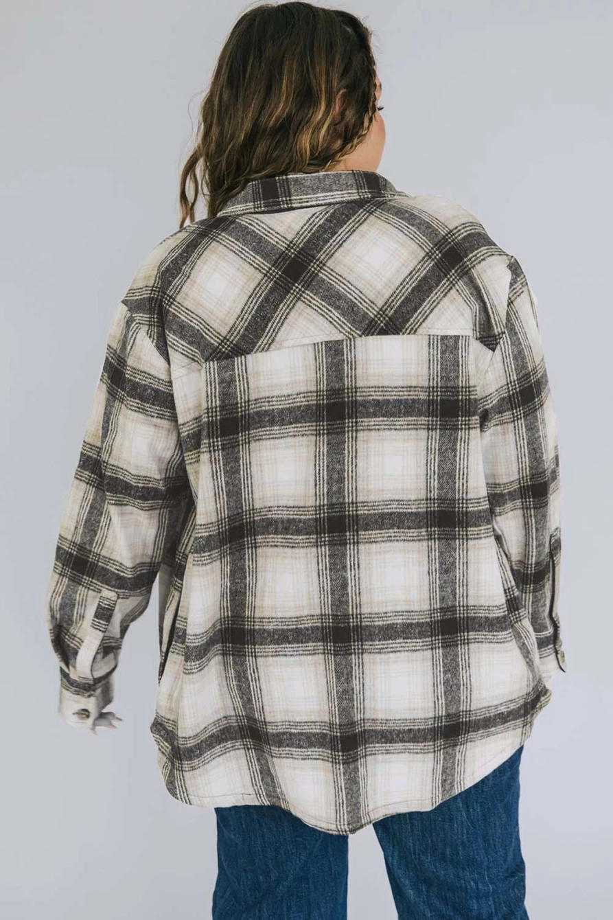 Shewin Women's Plus Size Black Brushed Plaid Shacket with Flap Pockets
