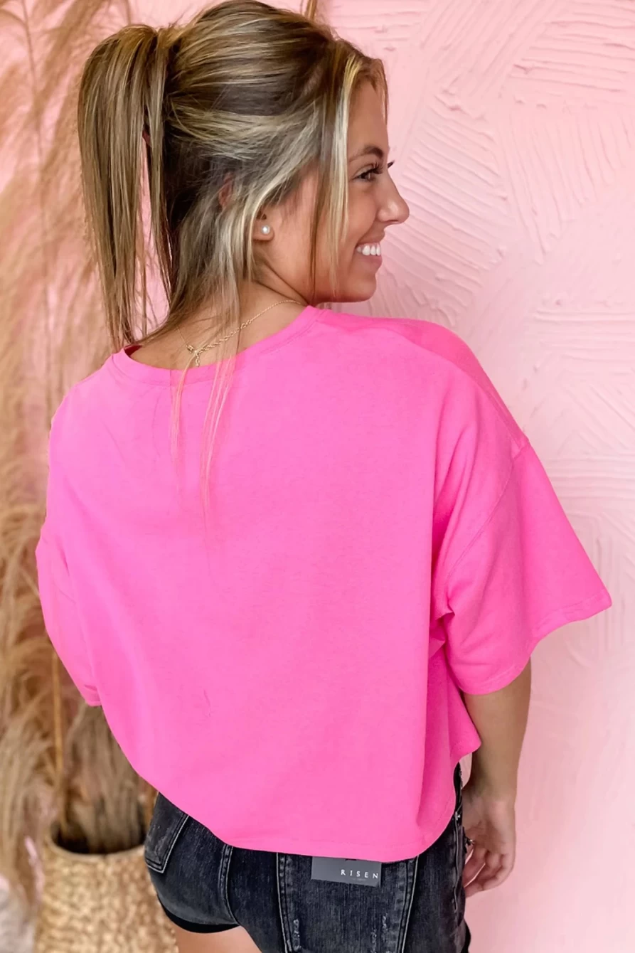 Shewin Women's Bonbon Drop Sleeve T-Shirt with Feeling Lucky Letter Patch