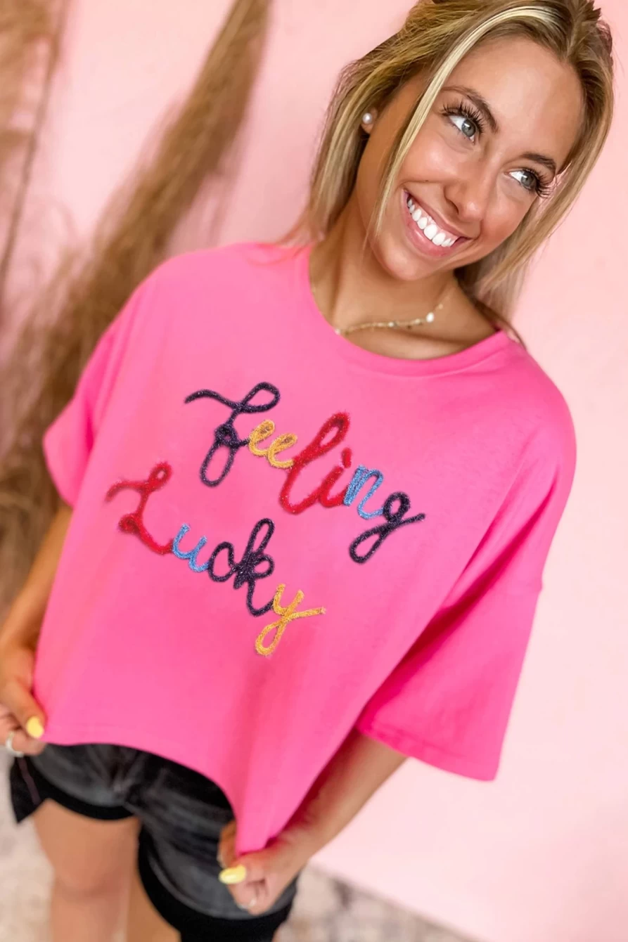Shewin Women's Bonbon Drop Sleeve T-Shirt with Feeling Lucky Letter Patch