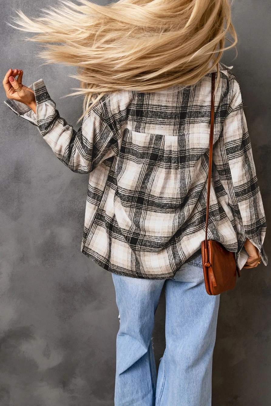 Women's Black Plaid Fleece-Lined Shacket with Pockets - Shewin Casual Button-Up Coat