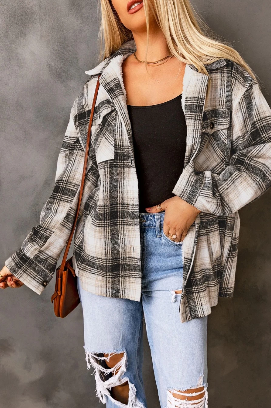 Women's Black Plaid Fleece-Lined Shacket with Pockets - Shewin Casual Button-Up Coat