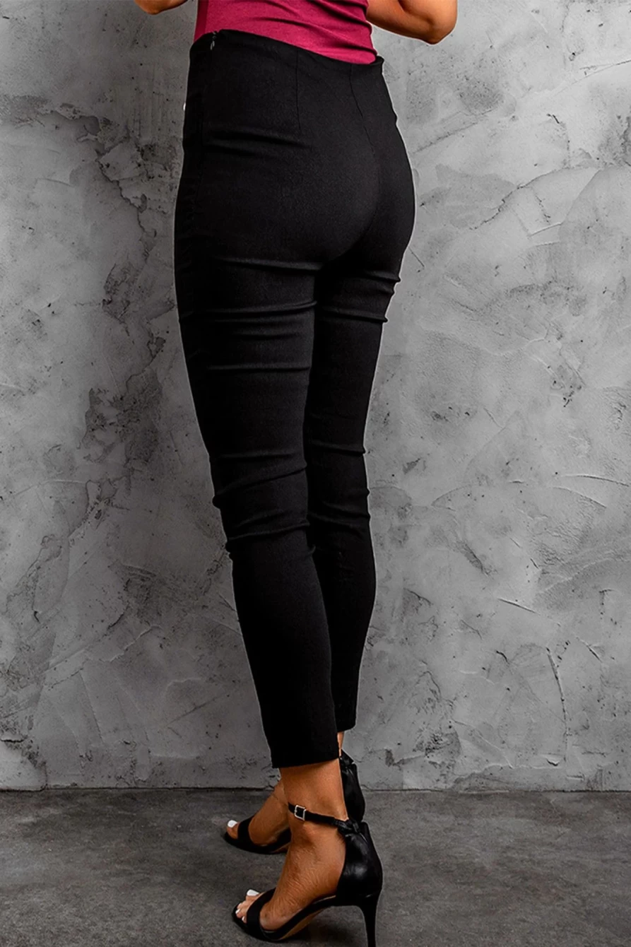 Shewin Women's Black Casual Skinny Pants with Buttons & Side Slit