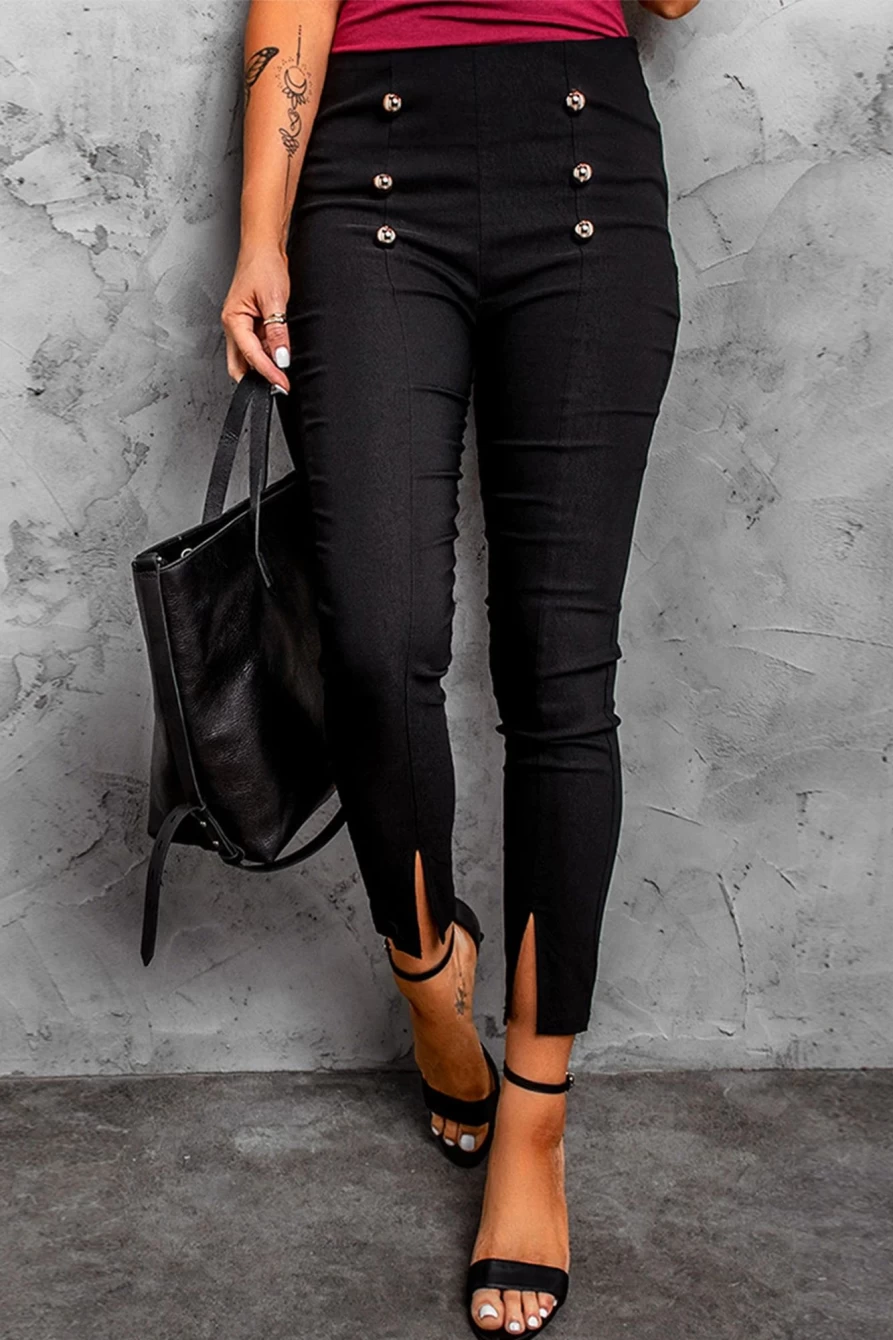 Shewin Women's Black Casual Skinny Pants with Buttons & Side Slit
