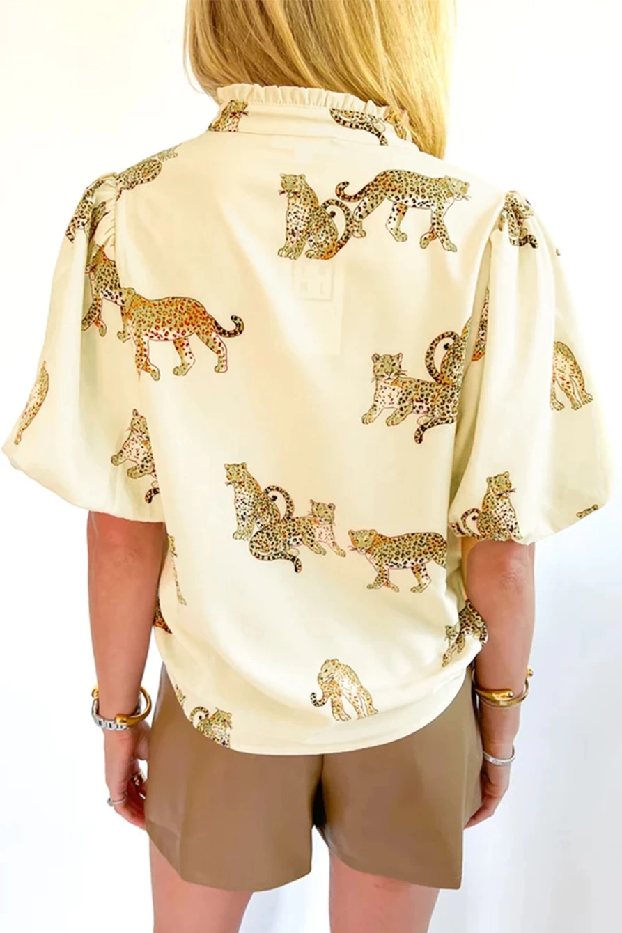 Shewin Women's Plus Size Beige Cheetah Print Blouse with Short Puff Sleeves