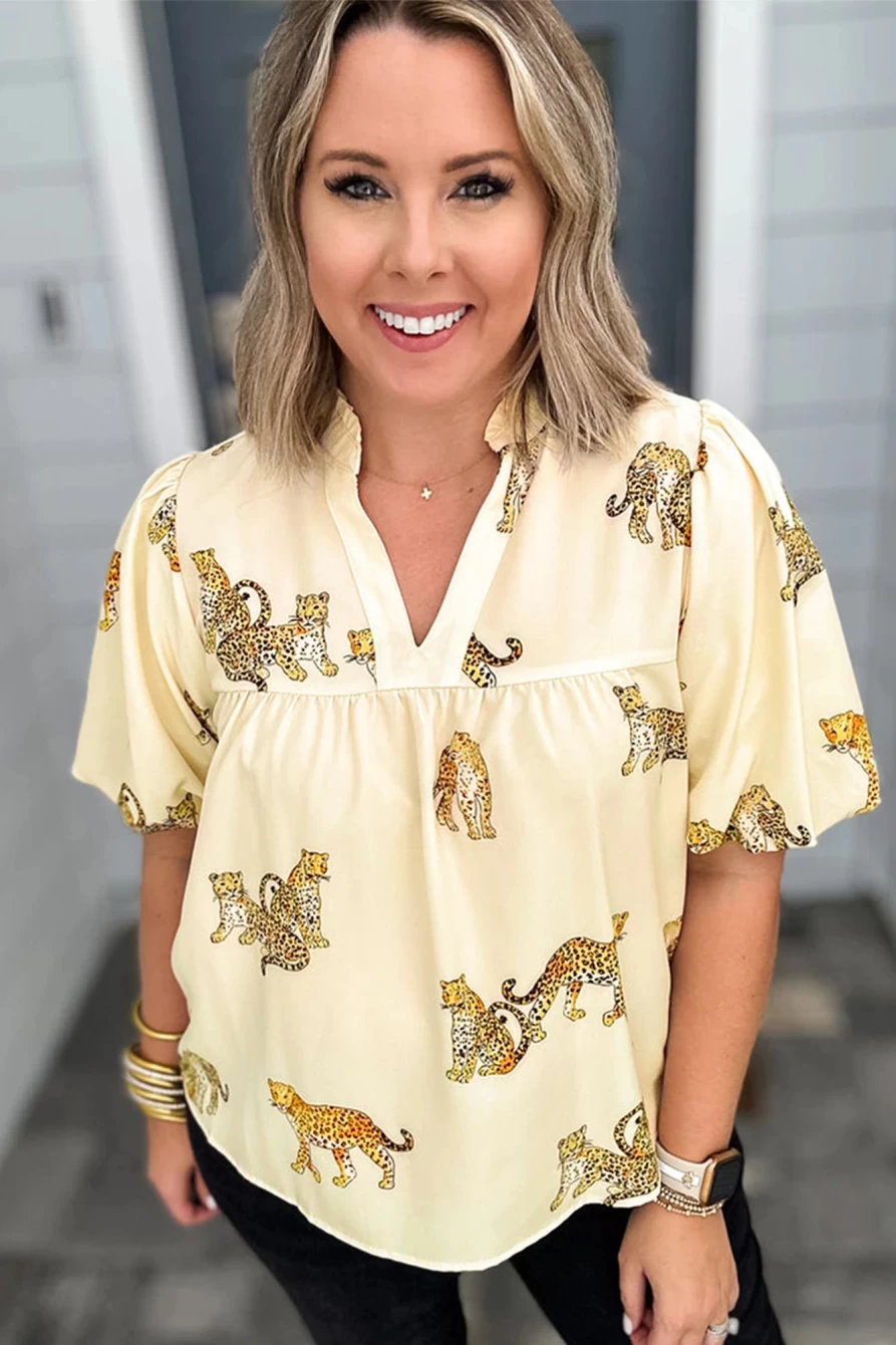 Shewin Women's Plus Size Beige Cheetah Print Blouse with Short Puff Sleeves