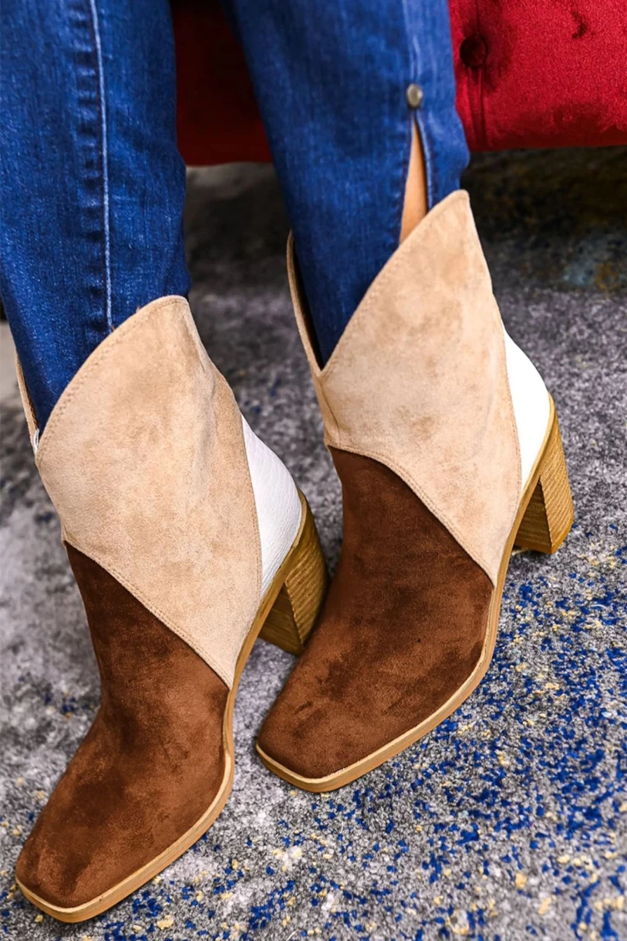 Shewin Women's Chestnut Colorblock Suede Heeled Ankle Booties