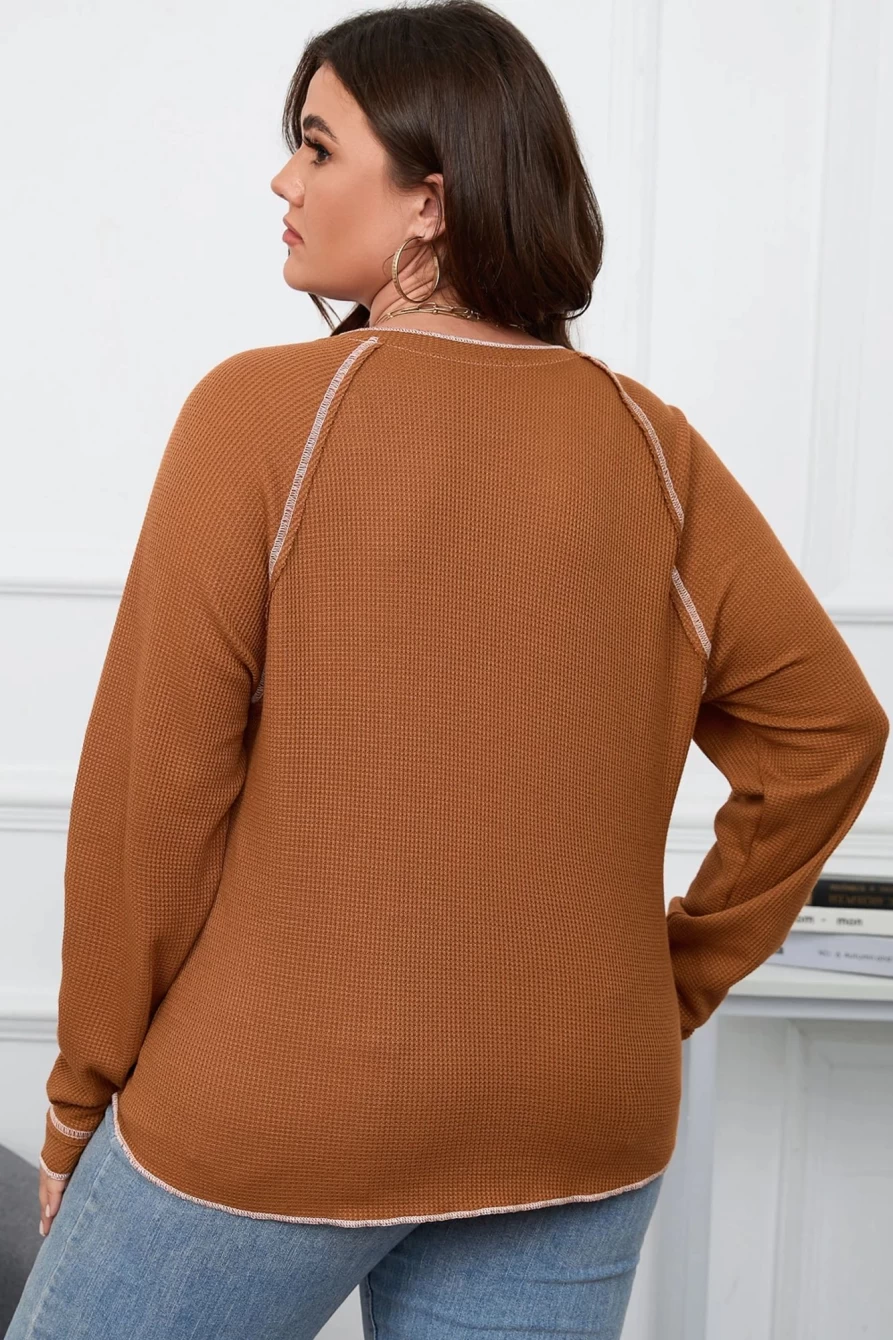 Shewin Women's Plus Size Chestnut Textured Top with Exposed Seam Detail