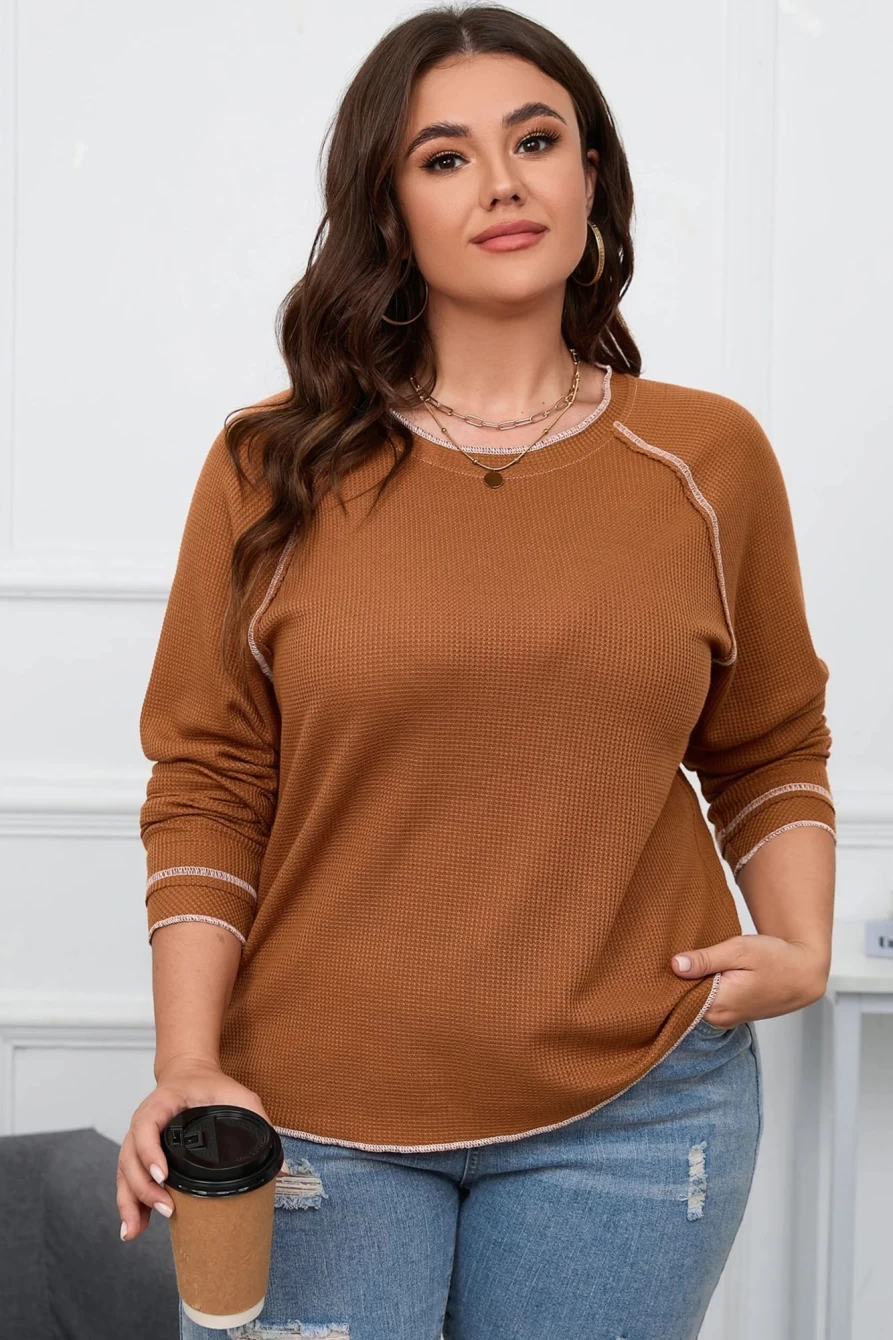 Shewin Women's Plus Size Chestnut Textured Top with Exposed Seam Detail