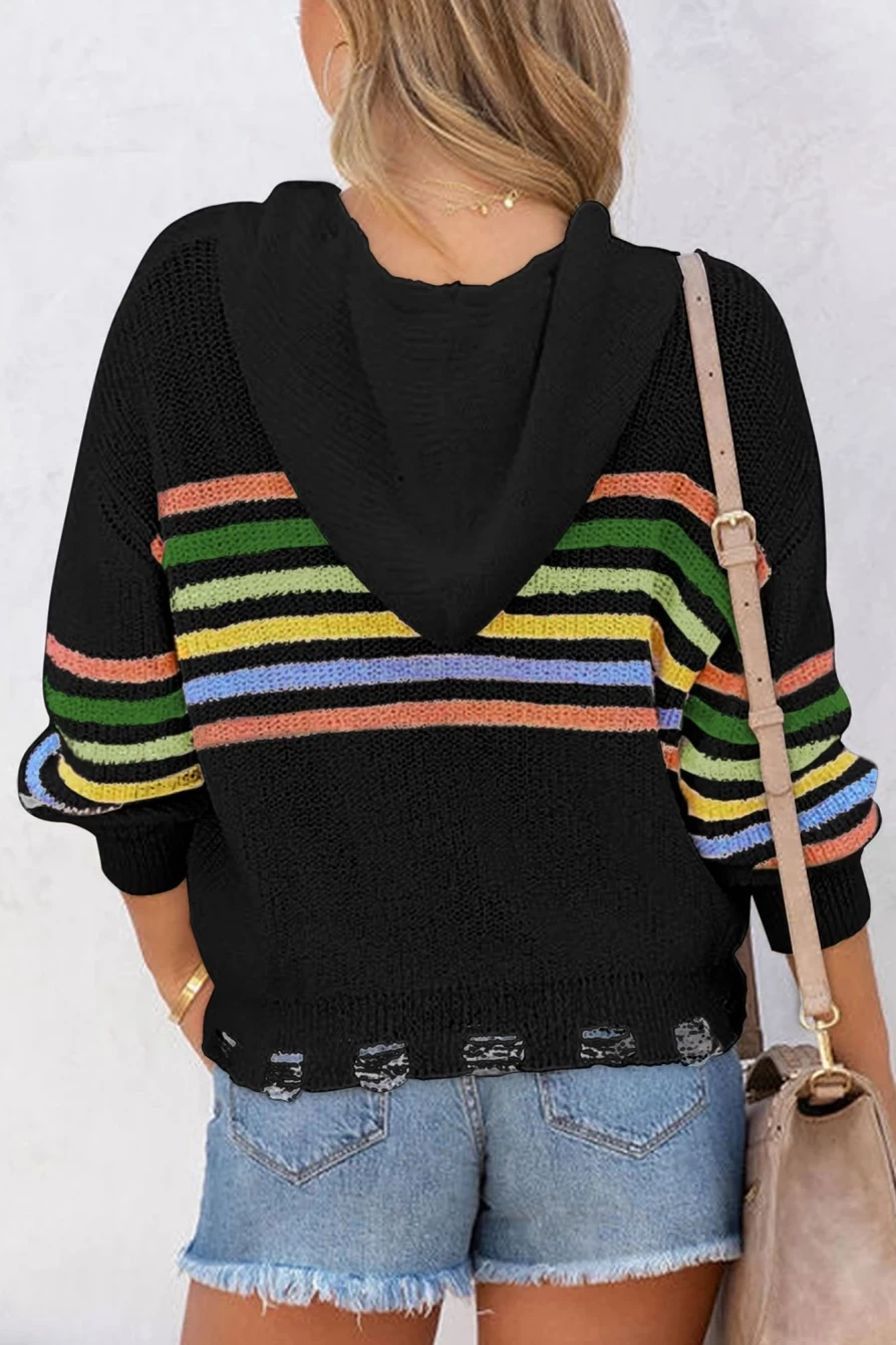 Shewin Women's Black Striped Zip-Up Hooded Sweater with Detail Stitching