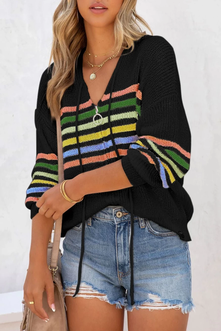 Shewin Women's Black Striped Zip-Up Hooded Sweater with Detail Stitching