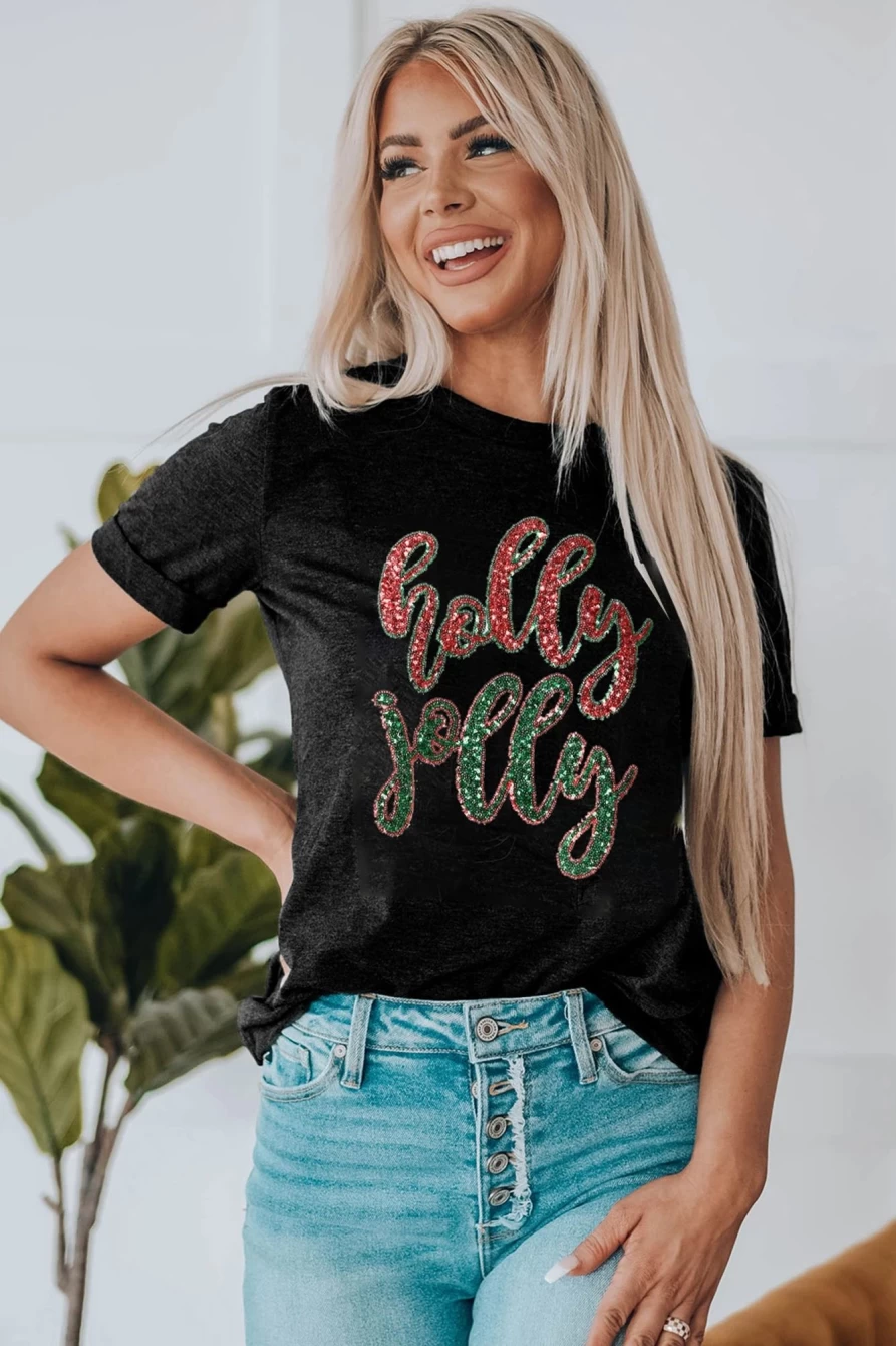 "Shewin Women's Black Christmas Sequined Holly Jolly Graphic Tee - Festive Holiday T-Shirt"