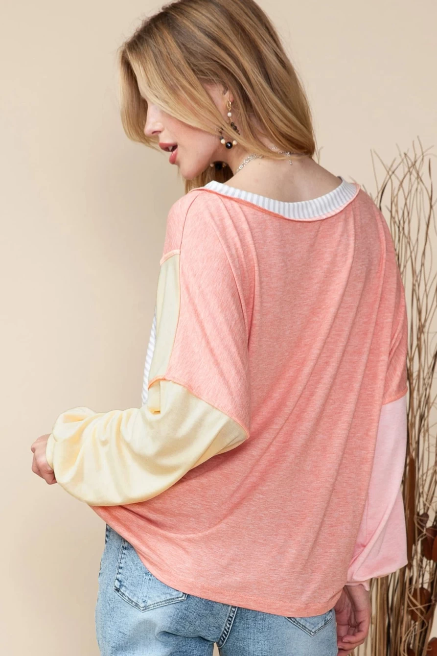 Shewin Women's Rose Striped Long Sleeve Color Block Shirt