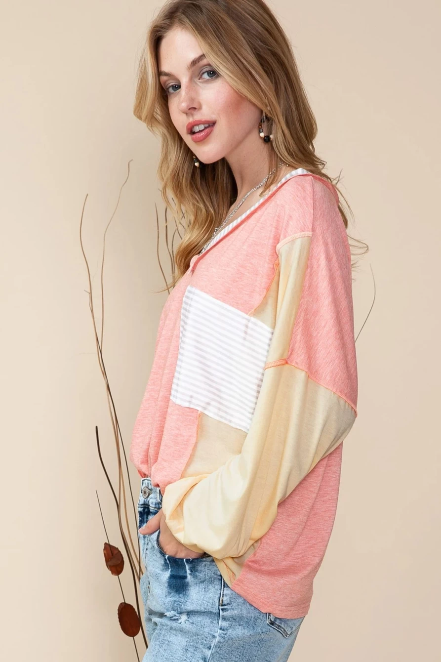 Shewin Women's Rose Striped Long Sleeve Color Block Shirt