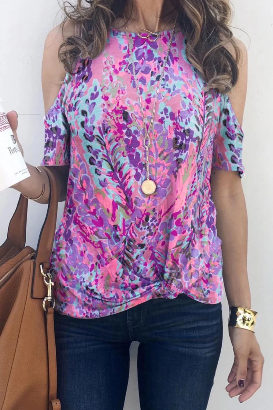 Shewin Women's Multicolor Lavender Abstract Print Cold Shoulder Blouse Short Sleeve Top