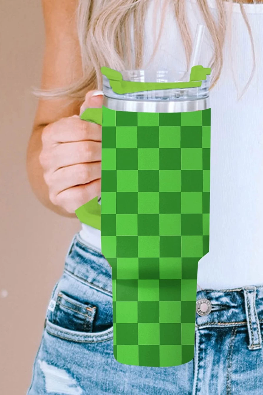 Shewin Green Plaid Print Stainless Steel Tumbler with Straw & Lid for Women