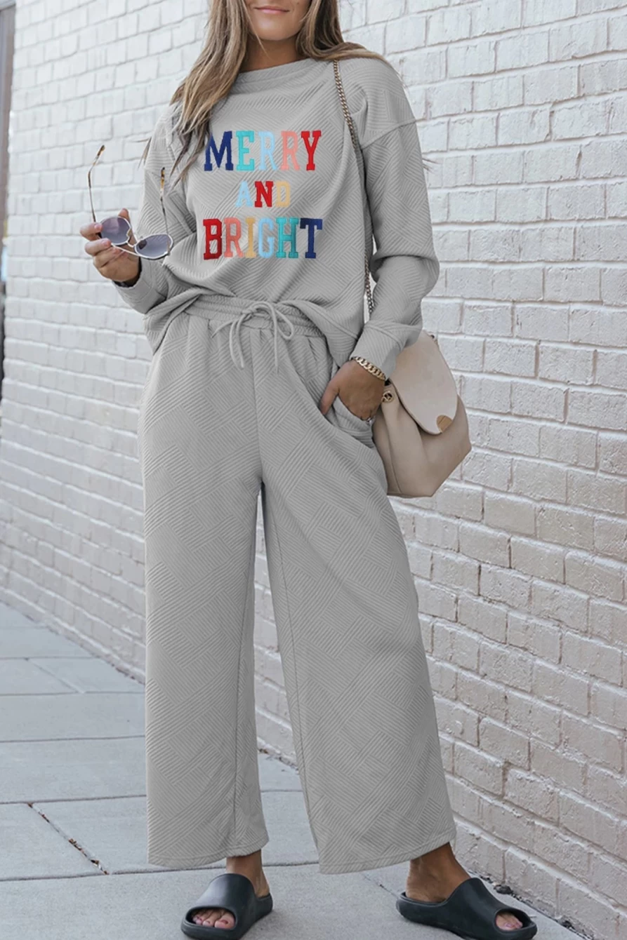 Shewin Women's Gray Textured Merry And Bright Stitching Graphic Pants Set