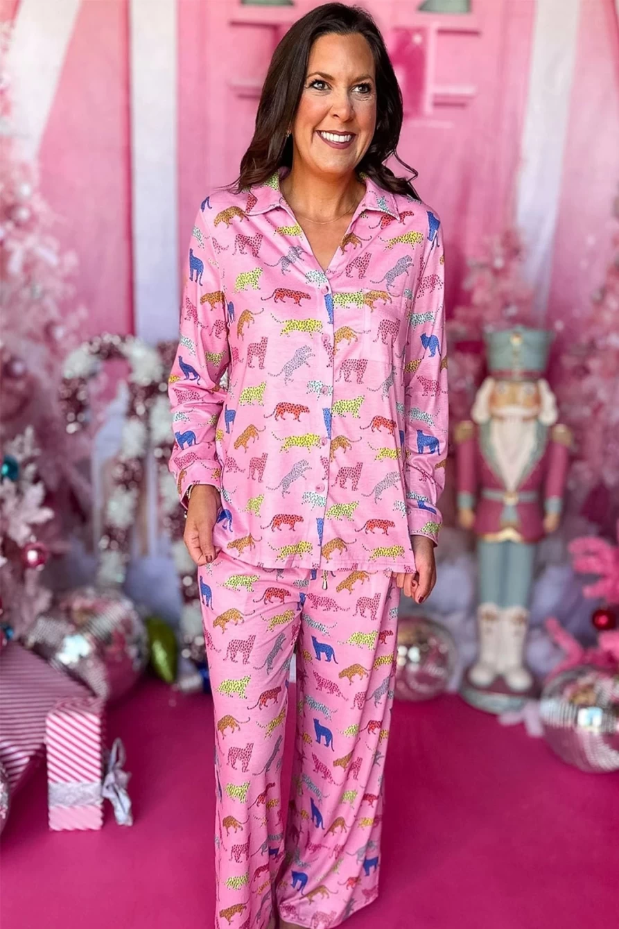 Shewin Women's Pink Cheetah Print Pajama Set - Shirt & Wide Leg Pants