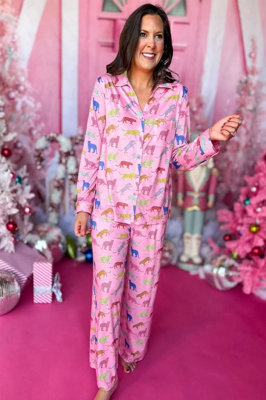 Shewin Women's Pink Cheetah Print Pajama Set - Shirt & Wide Leg Pants