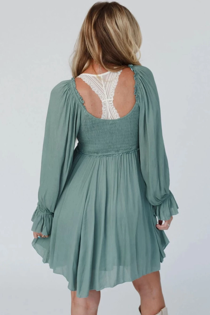 Shewin Women's Mist Green Smocked Mini Dress with Ruffled Bubble Sleeves and Flowy Fit