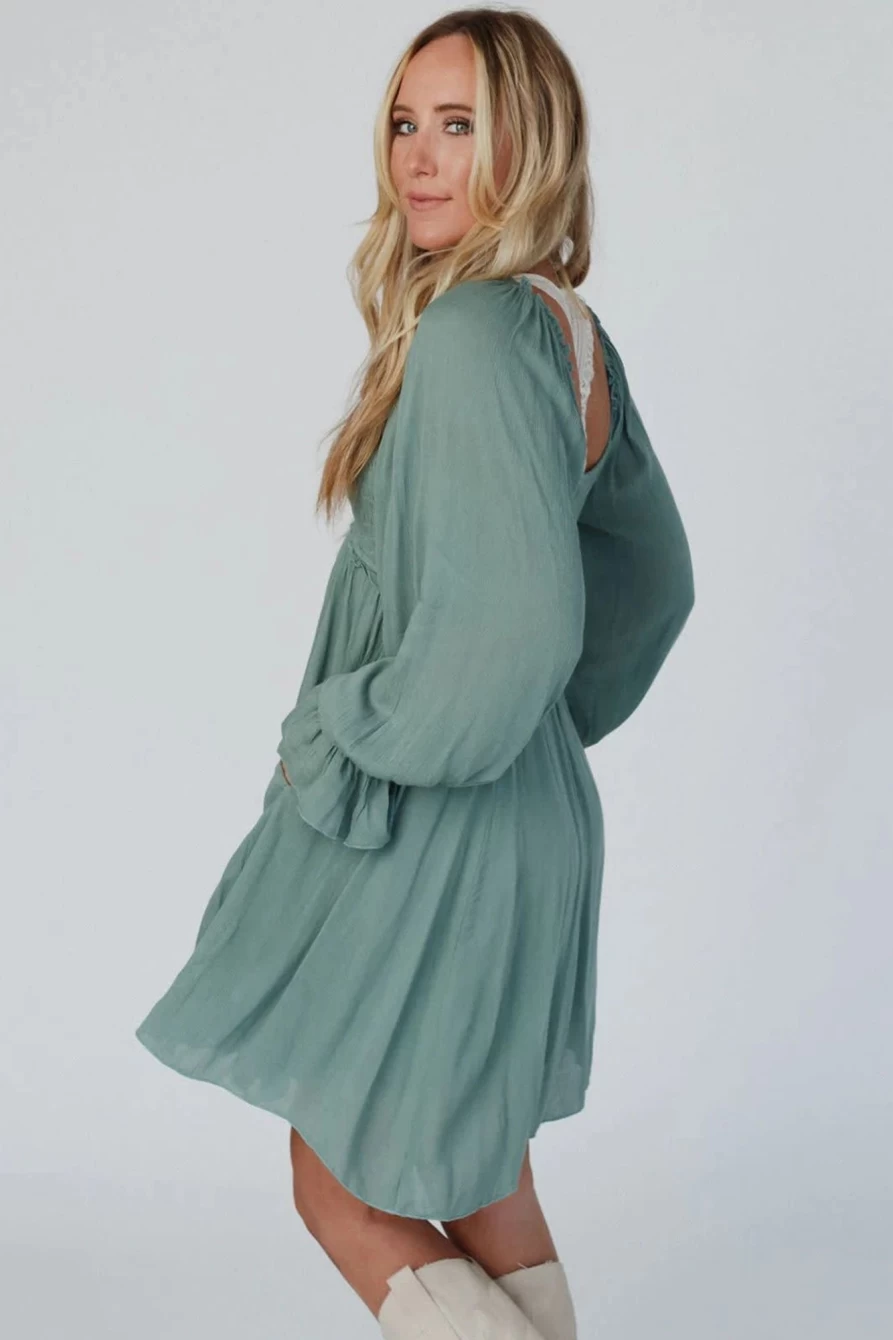 Shewin Women's Mist Green Smocked Mini Dress with Ruffled Bubble Sleeves and Flowy Fit