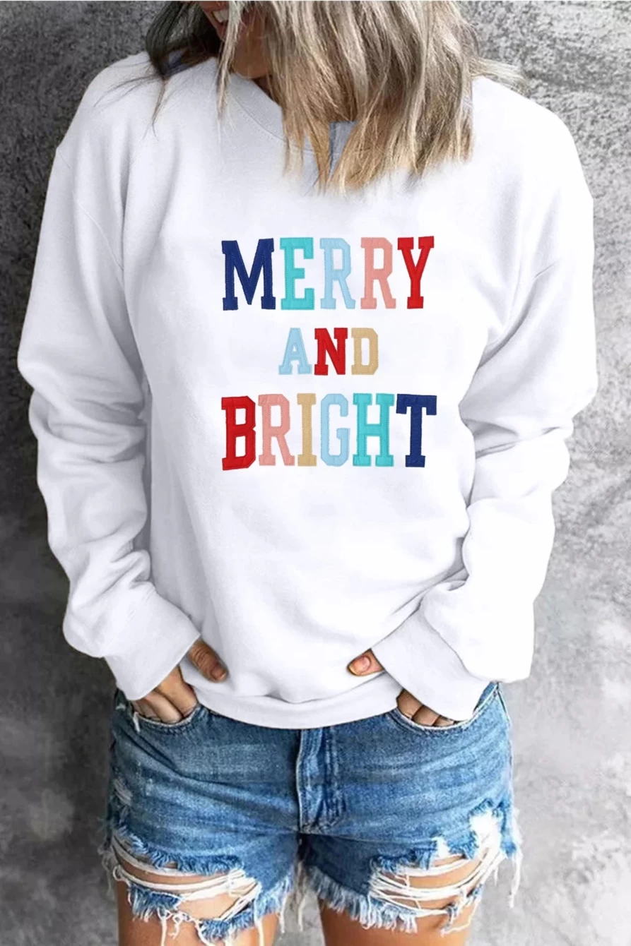 Shewin Women's White Merry And Bright Graphic Round Neck Sweatshirt