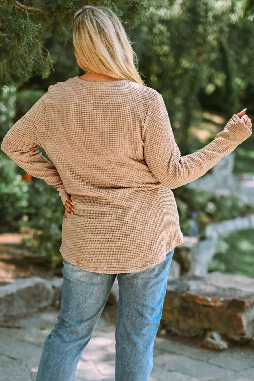 Shewin Women's Plus Size Casual Top - Khaki Lace Trim Waffle Knit Tee