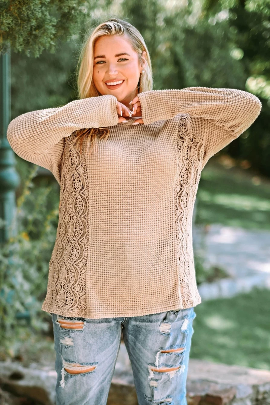 Shewin Women's Plus Size Casual Top - Khaki Lace Trim Waffle Knit Tee