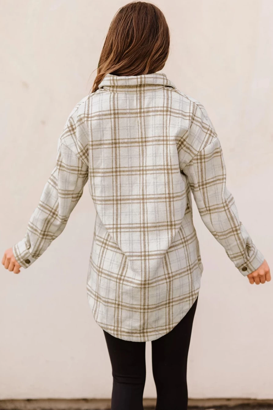 Women's Khaki Plaid Shacket by Shewin - Casual Button-Up Shirt with Side Slits