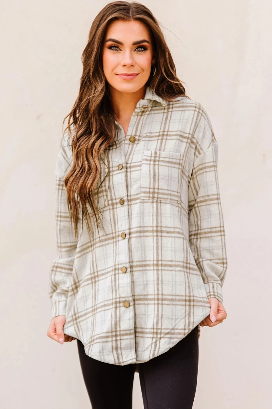 Women's Khaki Plaid Shacket by Shewin - Casual Button-Up Shirt with Side Slits