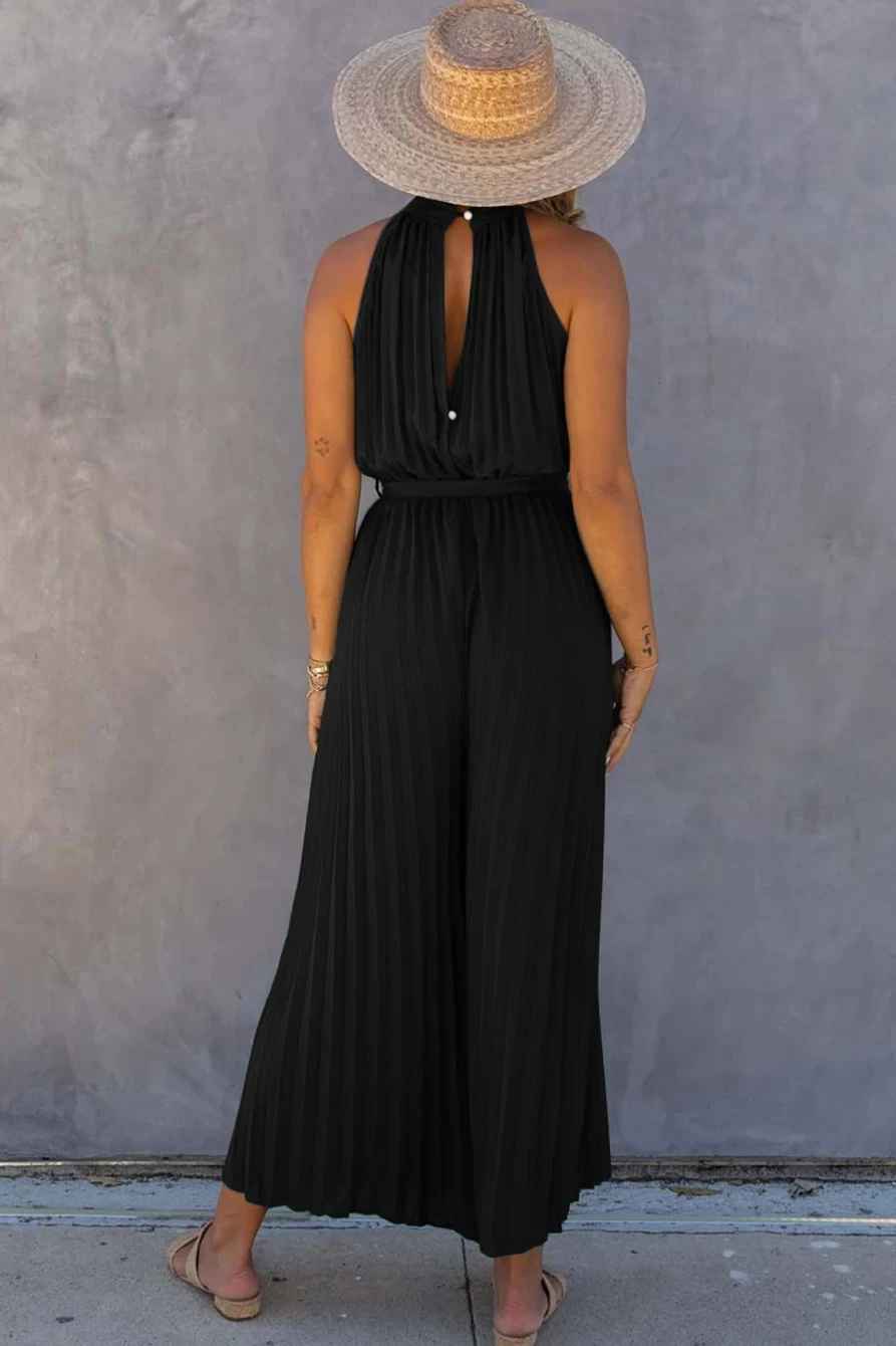 Shewin Women's Black Elegant Halter Neck Belted Pleated Wide Leg Jumpsuit