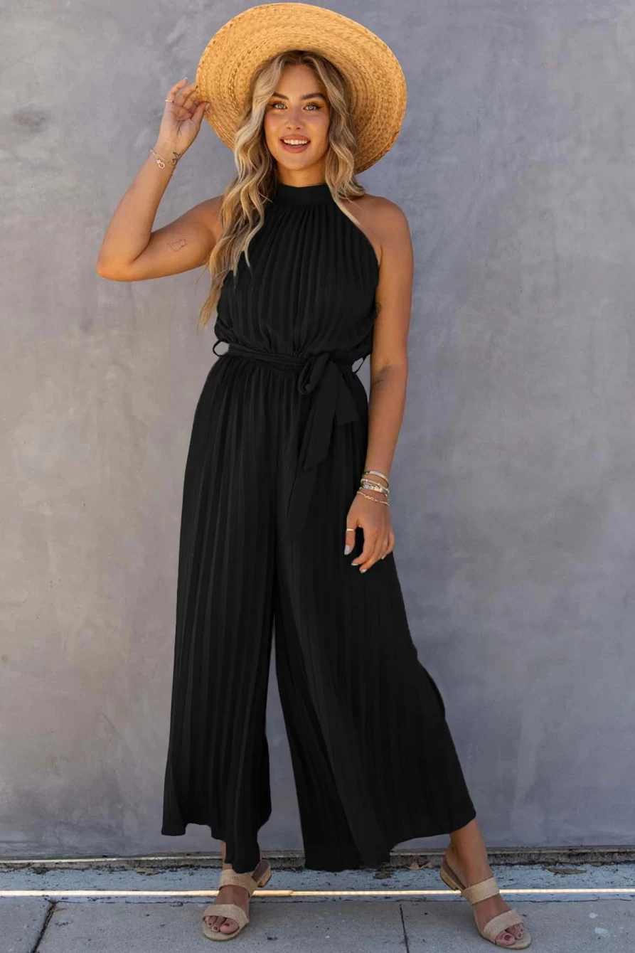 Shewin Women's Black Elegant Halter Neck Belted Pleated Wide Leg Jumpsuit