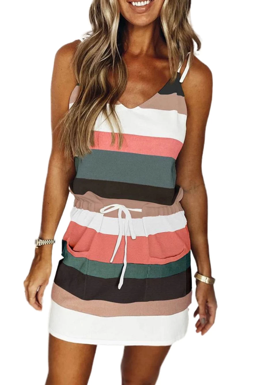 Shewin Women's Black Casual Striped Sleeveless Dress with Tie Shoulder & Pocket