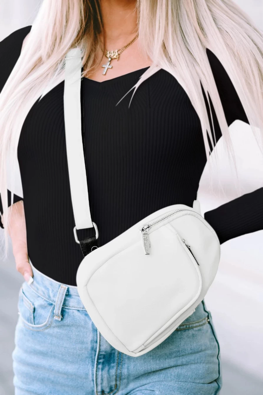 Shewin Women's White Adjustable Strap PU Leather Zipper Sling Bag